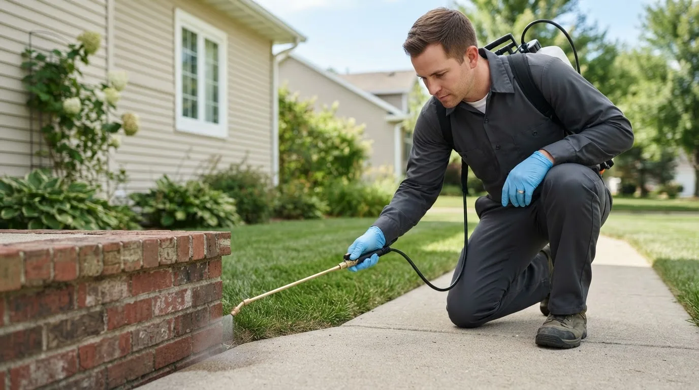 Pest control technician treating a home near Cobbtown, GA